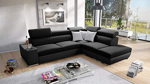 All4All Ecksofa mit Schlaffunktion Prude 282 x 227 cm - Schlafcouch mit Bettkasten – Couch mit Schlaffunktion – L-Form Sofa - Schlafsofa - für 4 Personen - Rechte Seite - Schwarz/Schwarz - Modern 26