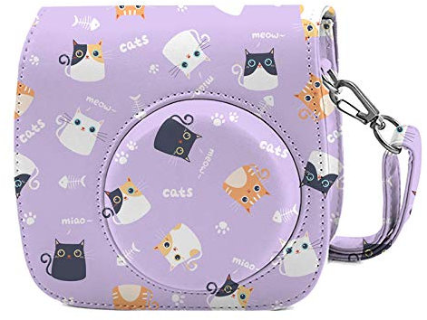 Leebotree Caméra Housse Compatible avec Appareil Photo Instantanés Instax Mini 12 11, Pochette Caméra Sacoche Rangement Protection Cuir PU Lisse avec Bandoulière et Poche Intégrée (Chat Violet)