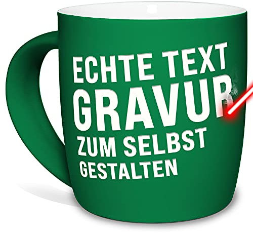 Tassendruck Tasse mit Gravur selbst gestalten - mit eigenem Spruch oder Wunschname gravieren - Keramiktasse außen gummiert - Grün, 300 ml