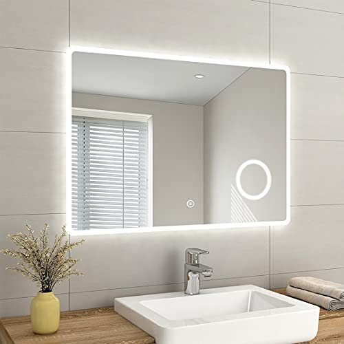 EMKE 1000 X 700 mm LED Illuminated Bathroom Mirror with Shaver Socket Lights and Demister Pad, Wall Mounted Touch Sensor Bathroom Mirrors Anti Fog for Makeup Cosmetic, IP44 Rated