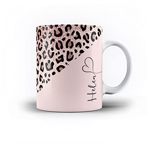 iCaseDesigner Personalised Animal Print Custom Name Mug - 5. Leopard Print Pink Sparkle Fade
