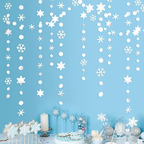 pinkblume 52 Ft Winter Wonderland Party Decorations White Snowflakes Garland Metallic Glitter Paper Streamer for Onederland Christmas Frozen Birthday Wedding Baby Bridal Shower Supplies