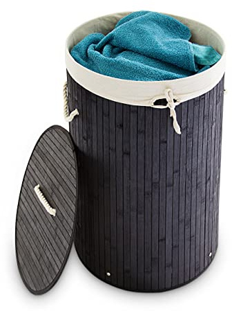 Relaxdays Wäschekorb Bambus, Faltbare Wäschetonne mit Deckel, Volumen 70l, Wäschesack Baumwolle, rund Ø 41 cm, Farbwahl