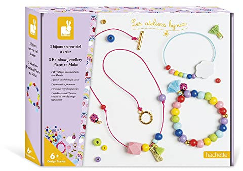 Janod - Bastel-Set für 3 Regenbogen-Schmuckstücke – 2 Ketten & 1 Armband – Les Ateliers Bijoux – Kreatives für Kinder – Geschick & Konzentration – Farben auf Wasserbasis – Ab 6 Jahren, J07936