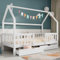 Merax Hausbett 90x200cm, Kinderbett Mit Lattenrost, Holz Bett für Kinder mit Bettkasten, Bett mit 2 Schubladen, Kinder und Jugendzimmer, Kiefernholz Haus Bett for Kids, Ohne Matratze, Weiß