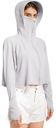 Locachy Womens UPF 50+ Sun Protection Jacket Lightweight Zip up Outdoor Running Hiking Hoodie with Face Mask Light Grey M