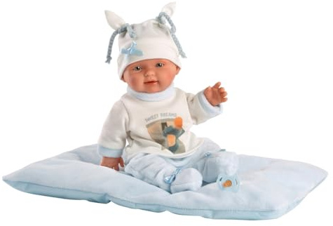 Llorens 1026311 Puppe Bebito, New Born mit blauen Augen, Babypuppe mit Vinyl-Körper, inkl. Schlafanzug, Mütze und Kissen, Puppenjunge, 26cm