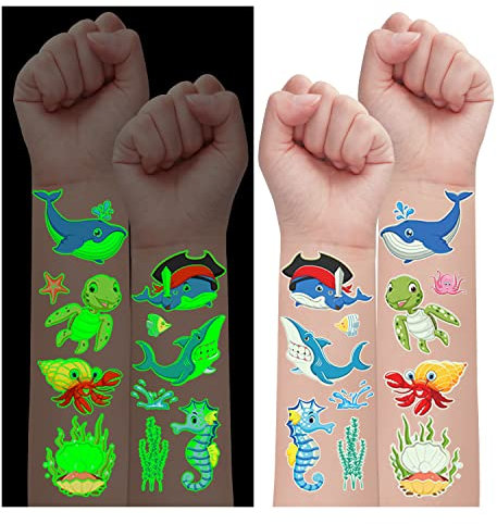 140 Stück Leucht Tattoo Kinder, Leesgel Hai Meerestiere Kindertattoos Aufkleber Kinder Meerestiere Sticker, Mitgebsel Kindergeburtstag Gastgeschenke Meer Deko Hai Spielzeug Geburtstagsdeko Mädchen