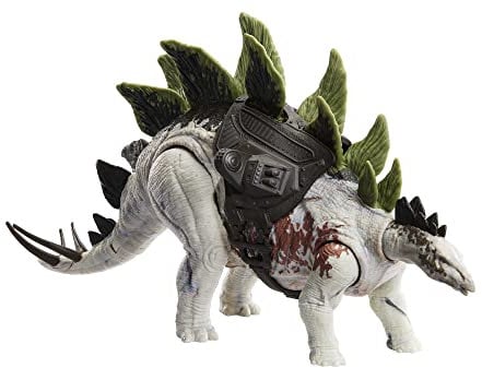 JURASSIC WORLD Gigantic Trackers Stegosaurus - Dinosaurier-Spielzeug mit 2 Angriffsbewegungen, abnehmbarer Ausrüstung, 35 cm lang, für Kinder ab 4 Jahren, HLP24