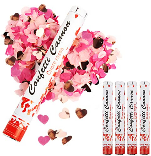 Konfettikanone Hochzeit, RosyFate 4 x Konfettikanonen Herzen Rosegold, Konfetti Shooter 40cm, 6-10m Effekthöhe, Party Popper für Hochzeit & Verlobung