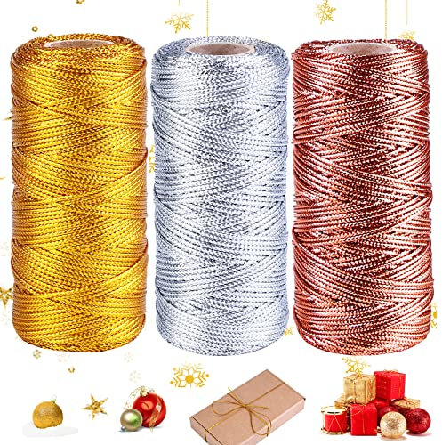 Filo d'oro,3 Rotoli Filo Dorato,1.5MM Tinsel Corda per Decorazioni,Cordoncino Metallico,Filo di Spago Natalizio,Cordoncino Oro per Artigianato Decorazione di Natale Confezioni Regalo Perline (300M)