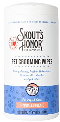 SKOUT'S HONOR Pet Grooming Wipes for Dogs and Cats - Deodorizing, Plant-Based, Biodegradable, Fragrance-Free - for Paws, Faces, Skin Folds & Bums, 80 Count