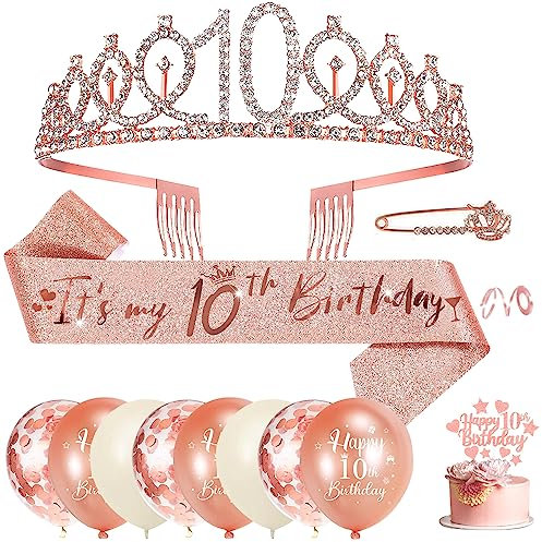 10. Geburtstag Mädchen, 10. Geburtstagskrone und Geburtstag Schärpe, Geburtstag Deko Rose Gold, Birthday Schärpe Tiara Krone, 10 Geburtstag Cupcake Topper Konfetti Luftballons Party Zubehör Deko