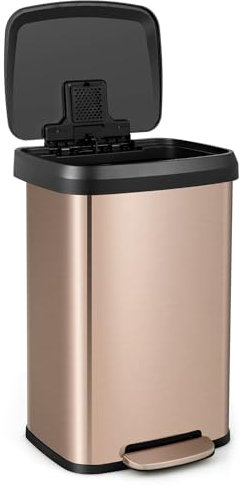 COSTWAY Mülleimer Küche, 50L Abfalleimer, Tretmülleimer mit sanft schließendem Deckel, Mülltrennsystem inkl. Desodorierungsfach, aus Edelstahl und Kunststoff (Rosegold / 50L)