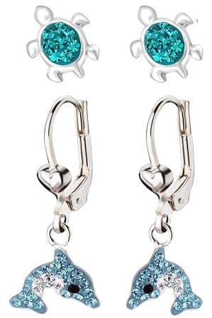 FIVE-D Kinder Ohrringe – Delfin Schildkröte 925 Silber - Hochwertige Mädchen Ohrstecker – Geschenk Set Kinderschmuck (Delfin-Blaugruen)