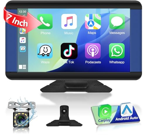 Podofo Wireless Carplay e Android Auto Autoradio Portatile 7 HD Touchscreen Autoradio con Bluetooth, Trasmissione FM, Airplay, Mirror Link & Telecamera per La Retromarcia