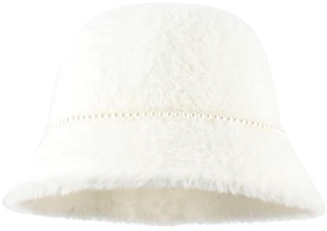 MEGAUK Damen Plüsch Fischerhut Wintermütze Flauschige Bucket Hat Breite Krempe Fellmütze Warme Anglerhut mit Perle Design (Weiß)
