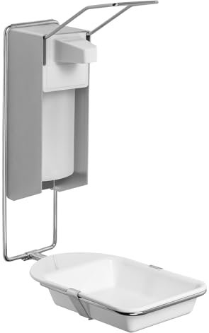 1x ARNOMED Desinfektionsspender mit Tropfschale, Aluminium Seifenspender für 500ml, Seifenspender zur Wandbefestigung mit langem Armhebel, Eurospender für Desinfektionsmittel, Soap Dispenser, Spender