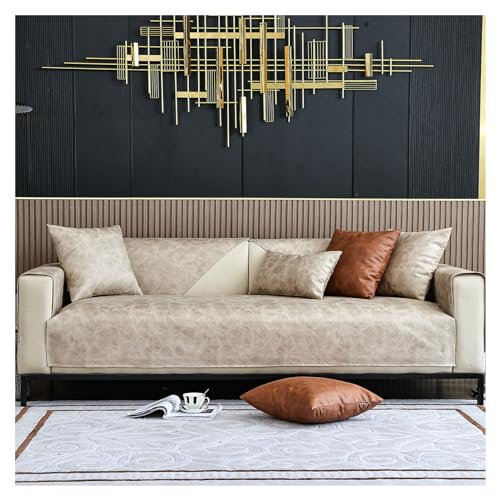 HonunGron Kunstleder Sofabezug Sofaschoner Wasserdicht rutschfest 4 3 2 1 Sitzer, L Form Sofaüberwurf, Sofadecke, Vintage Design Sofa Überzug Ecksofa Couch Überzug Couch Überwurf (Beige,90×160cm)