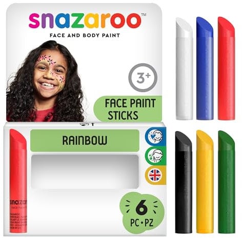 Snazaroo 1160635 Schminkstifte im Set Regenbogen - 6 Gesichts- und Körperfarben, Hautfreundlich, Abwaschbar auf Wasserbasis -Perfekt für Halloween, Feiertags-Make-up, Karneval