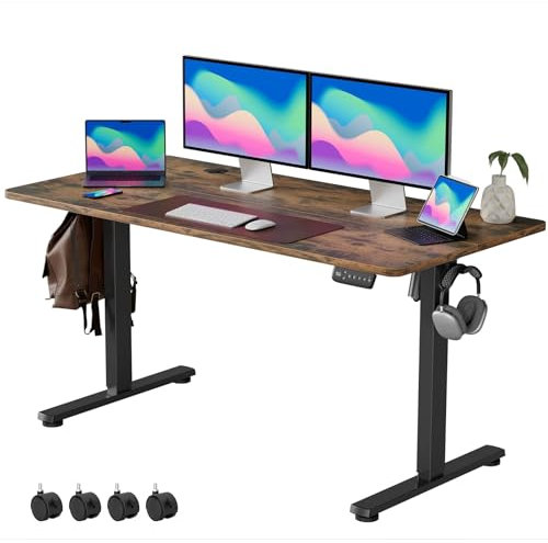 VOSATRON Elektrisch Höhenverstellbarer Schreibtisch 140x60cm Schreibtisch Höhenverstellbar mit Memory-Steuerung und Anti-Kollision Technologie, Rollen, Spleißbrett, Schwarz Rahmen/braun Tischplatte