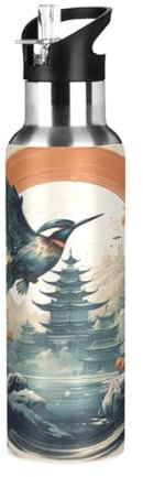 Niigeu Oiseau De Château Classique Du Japon Bouteille d'eau Isotherme avec Paille en Acier Inoxydable Gourde, Sans BPA Gourdes Eau pour Enfant Sport Randonnée École Bureau (600ml/1L)