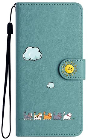 Jeffene for iPhone 12 Mini/iPhone 13 Mini (5.4 inch) Case,PU Leather Flip Wallet Cover with [Kickstand][TPU Inner Shell][Card Holder],GREEN&Cat