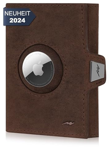 Marc Peter® Jupiter Airtag Echtleder Geldbörse mit XL Münzfach | Kleines Airtag Portemonnaie für Herren mit RFID | Apple Airtag Mini Geldbörse für Männer | Kreditkartenetui für bis zu 11 Karten Braun