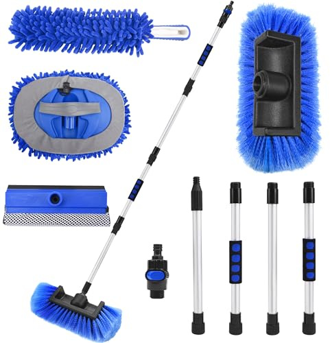 Lezcufer 65 Car Wash Brush with Long Handle, Car Wash Mop, Flow-Thru Soft Bristle Car Washing Brush with Extendable Handle and Hose Attachment for Car, SUV, Truck,RV, Boat