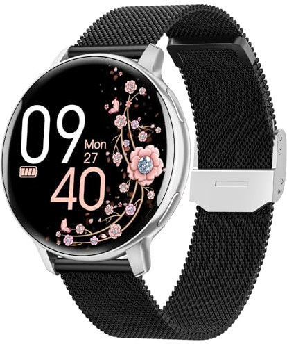 HASAKEI Montre Connectée Femme avec Appel Bluetooth 5.3, Smartwatch IP68 avec Fonction Féminine/120+ Modes Sport/Fréquence Cardiaque/Sommeil/SpO2 Montre Connectée Podomètre Android iOS Noir Argenté