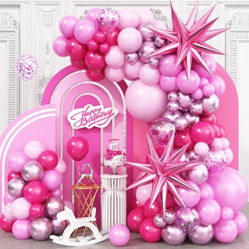 Pink Balloon Garland Arch Kit with Star Foil Balloons, Metallic Pink Matt pink Hot pink Pastel pink Balloons Arch Kit for Girls Women Birthday Wedding Baby Shower Princess Theme Party Decorations