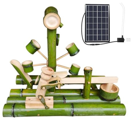 KHYTEBV Fontaine de Jardin aux Accents de Bambou, fontaines d'extérieur autoportantes, Fontaine d'eau extérieure avec Panneaux solaires et Pompe à Eau, Bricolage intérieur/extérieur