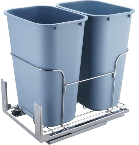 35Lx2 Double Bins Pull Out Trash Can Heavy Duty Garbage Recycling Bin with 110 lbs Load Capacity Under Mount Kitchen Waste Container with Slide and Door Mounting Kit