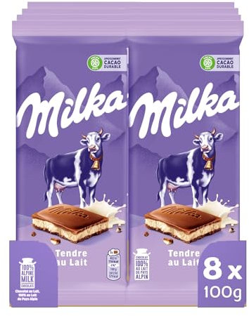 MILKA - 8 Tablettes de Chocolat au Lait Milka et Cœur Fondant au Lait 100g - Chocolat au Tendre Lait du Pays Alpin - Lot de Tablettes de Chocolat au Lait et Cœur Fondant au Lait - Lot de 8x100g