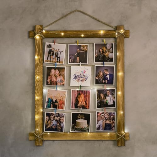 KZY LONDON Fotorahmen Mehrere Bilder - Wandhängende Bilderrahmen mit Lichterkette & Wäscheklammern - Mehrere Fotorahmen für die Wand - Personalisierte Collage Fotorahmen Geschenk (50x60 cm) (Natural)