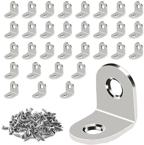 GOTRUST 32Pcs L Brackets for Wood, Angle Brackets Stainless Steel 20 × 20mm | 90 Degree Metal Corner Braces, L Shaped Brace with 64 Screws for Furniture Shelves Chair Table Fixation Repair Fixing