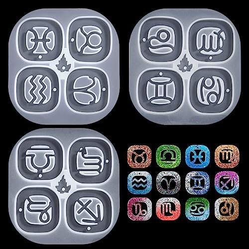 Niboken 12 Moules en Résine Constellations, 3 Pièces Moulle Silicone Resine Epoxy, Signe du Zodiaque Résine Moule pour Fabrication Bijoux Porte-clés Collier Oreilles Pendentifs DIY