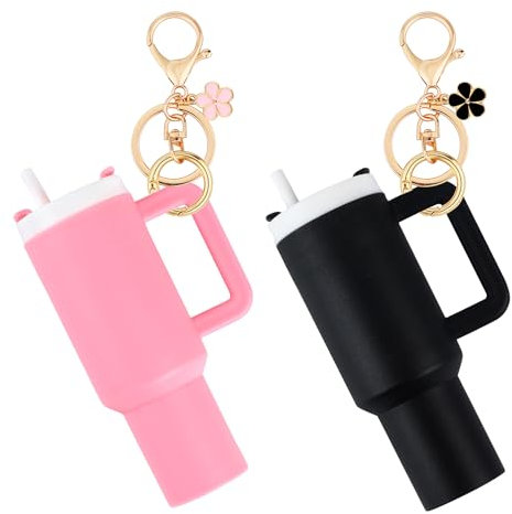 Tmtains 2Pcs Mini Tumbler Keychain Chapstick Holder Accessories for Stanley Cup Key Ring Funny Cute Cup Key Chains for Women, Pink&black, S