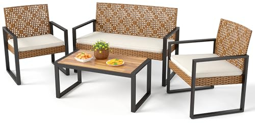 PHI VILLA 4 Pieces Rattan Garden Furniture Set, Patio Outdoor Convervatory Sofa Set 4 Seater with 2 Armchairs, 1 Loveseat Sofa and 1 Coffee Table