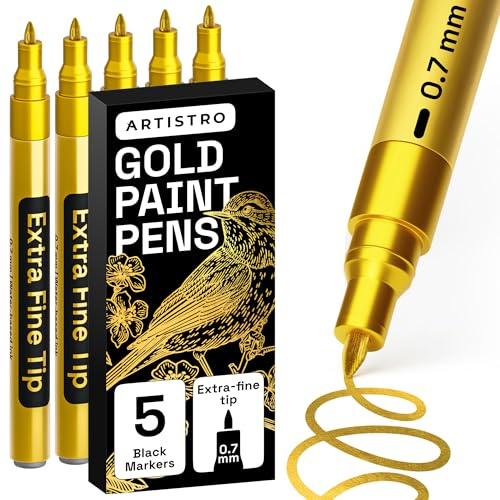 ARTISTRO 5 Gold Paint Pen for Rock Painting, Stone, Ceramic, Glass, Wood, Tire, Fabric, Metal, Canvas. Set of 5 Acrylic Paint White Marker Water-based Extra-fine Tip
