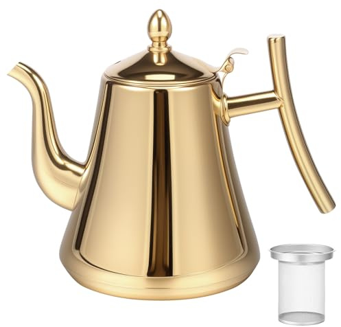 Stainless Steel Teapot, 1.5L/53Oz Water Kettle with Removeable Infuser, Coffee Pot Tea Warmer with Detachable Filter for Loose Leaf and Tea Bag(Gold)