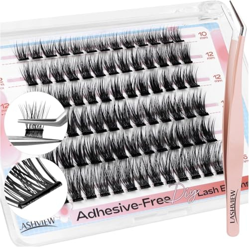 LASHVIEW Self Adhesive Eyelashes, D Curl Press On Lash Clusters Kit Pre Glued Eyelash Clusters with Applicator,No Glue No Remover Needed DIY Lash Extension Kit 10-16mm (N06-N 78Pcs)