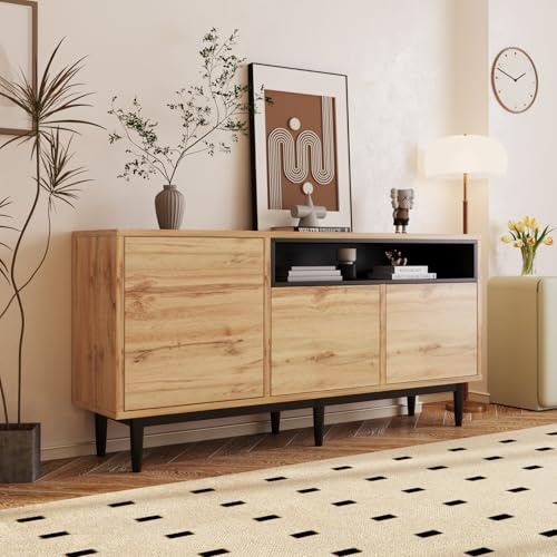 OLIVIBED Sideboard mit 3 Türen, Modernen Kommode mit Verstellbare Ablage und Schwarze Metallbeine, Highboard aus Holz, Wohnzimmerschrank mit Stauraum, für Esszimmer Küche, Holzfarbe, 160x35x76 cm