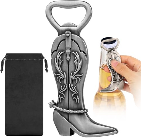 LKKCHER Damen Cowboystiefel Flaschenöffner, Cowboy Boots Rodeo Flaschenöffner, Western Cowboy Deko, Cowboy Geschenke Geburtstagsgeschenk für Frauen, Silber