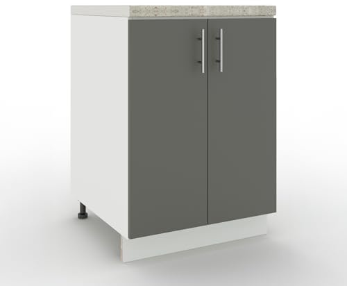JD Greta Adjustable Kitchen Base Unit - 600mm - Base Cabinet with Doors & Worktop - Grey Matt