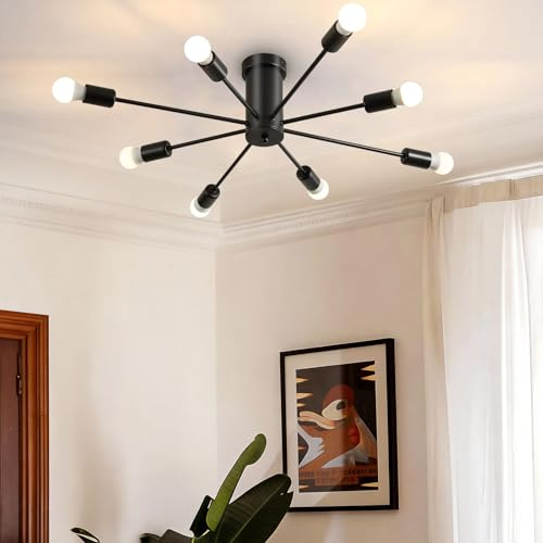Lightess 8-Flammig Sputnik Kronleuchter Schwarz Vintage, E27 Industrielle Deckenleuchte Metall Ø78cm, Retro Lampe ohne Birne für Wohnzimmer Küche