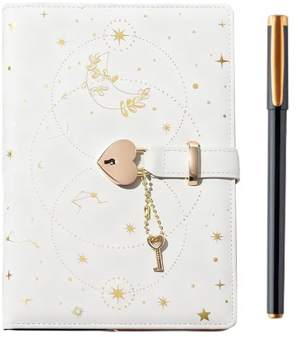A5 Tagebuch mit Schloss, 200 Seiten PU Leder Tagebuch mit Herzschloss, Schlüssel, Schwarzer Gelstift, Notizbuch mit Schloss für Privatsphäre, Erwachsene, Kinder, Jungen, Mädchen (21 x 15 cm) (Weiß)