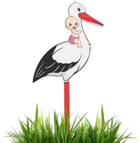 Klapperstorch 88 cm | Geburtsstorch inkl. Holzstab | Storch Geburt für Draussen & Drinnen | Geburtsgeschenk (girl)