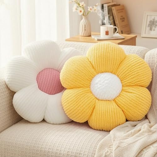 HonorHut Gänseblümchen-Blumenkissen 2er-Set Niedliche Zierkissen Sitzkissen 40 cm Ästhetische Raumdekoration, Weiß und Gelb