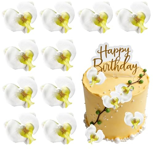 XCSJ Decorazione per torta artificiale bohémien, decorazione per torta di orchidee artificiali, decorazione per torte, 3D, fai da te, per matrimoni, compleanni, San Valentino, feste, battesimi (bianco